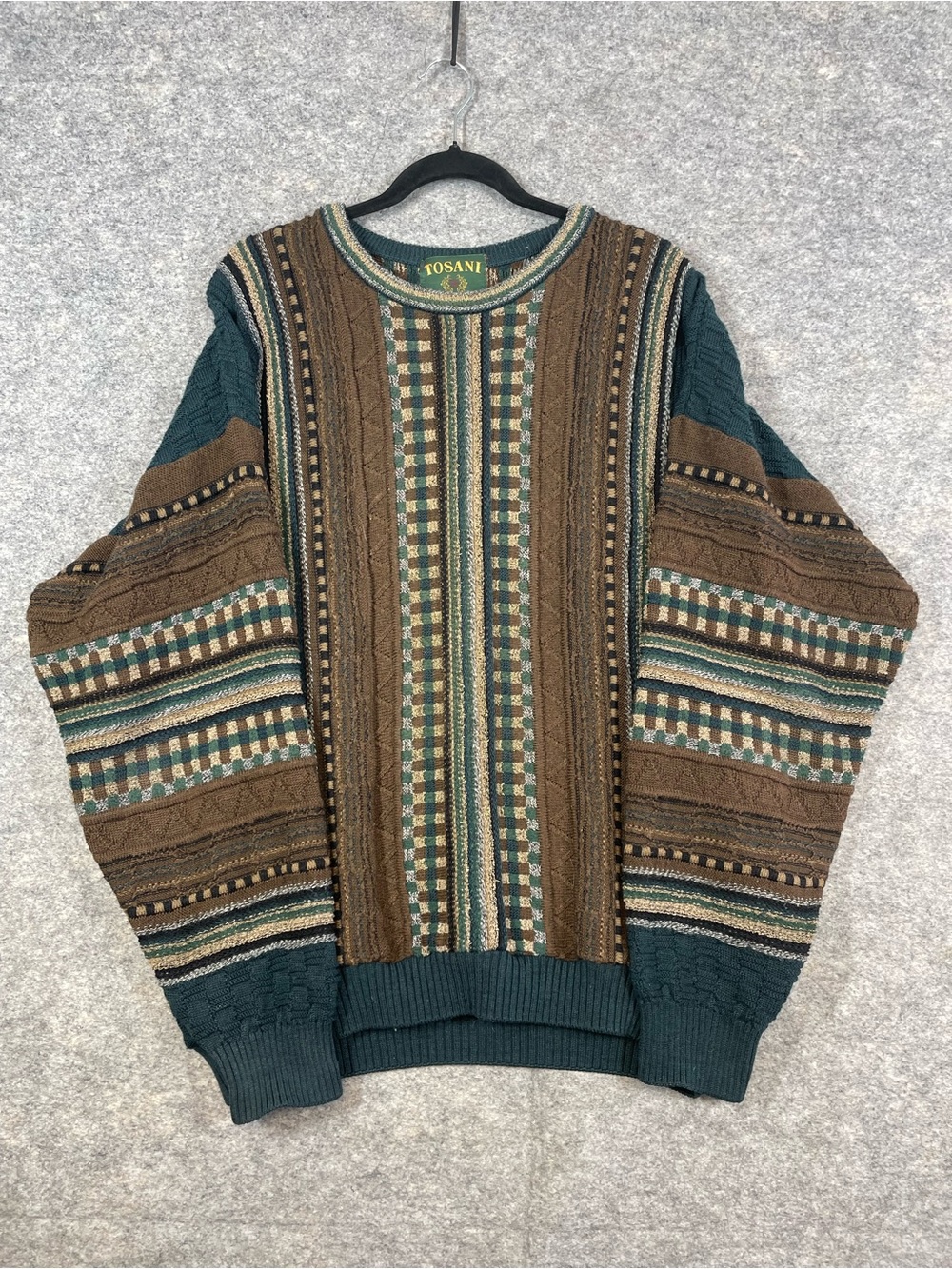 Vintage TOSANI Green Brown Patterned Cable Knit Sweater Geometric Grandpa Core